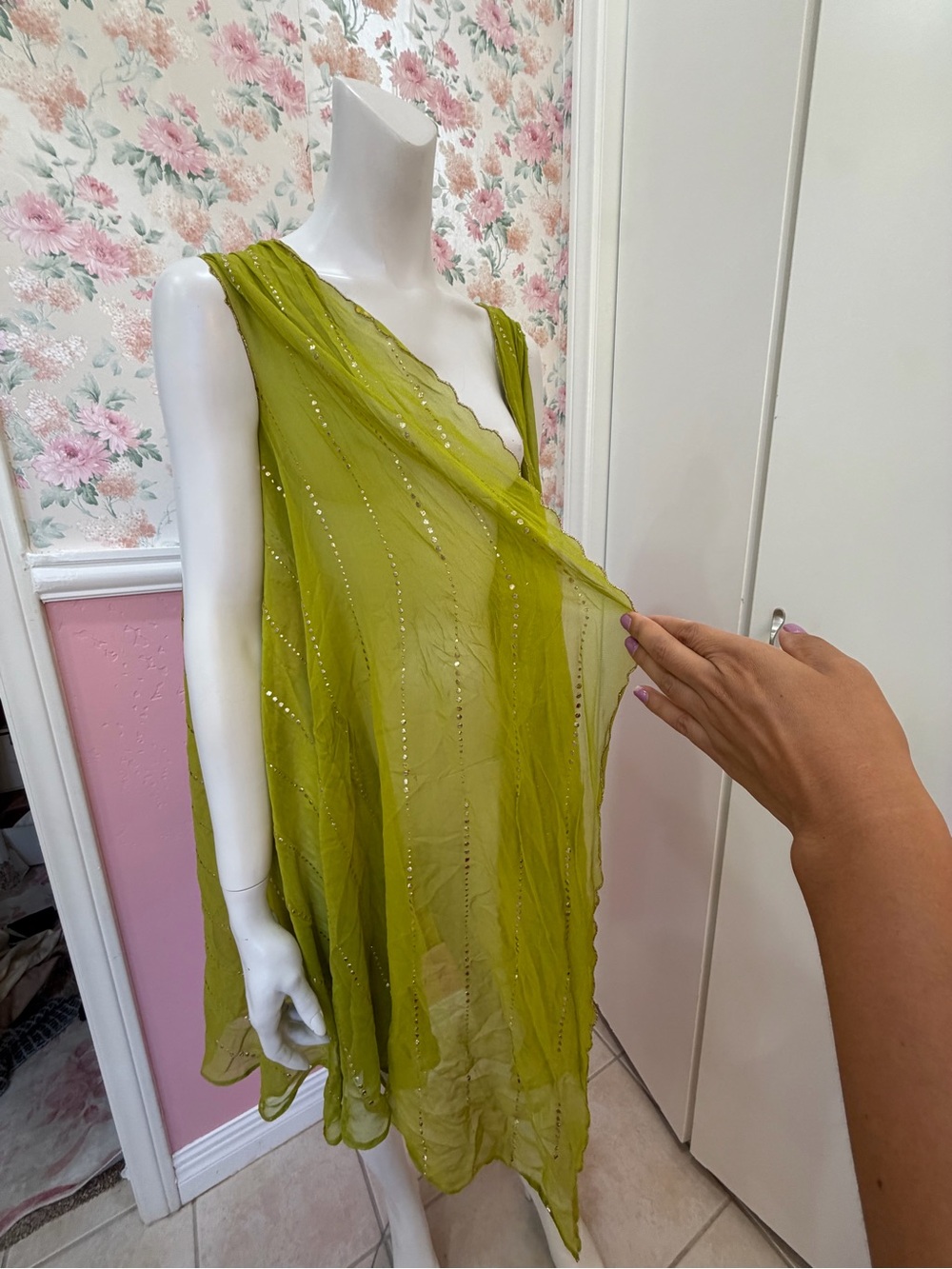 Sheer Lime Green Sleeveless Tunic with Subtle Sequin Detail